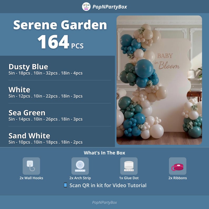 Balloon arch kit contents card showing Dusty Blue with 18pcs 5in, 32pcs 10in, 4pcs 18in; White with 12pcs 5in, 22pcs 10in, 3pcs 18in; Sea Green with 14pcs 5in, 26pcs 10in, 3pcs 18in; Sand White with 10pcs 5in, 18pcs 10in, 2pcs 18in; total 164 balloons; includes 2 wall hooks, 2 arch strips, 1 glue dot sheet, 2 ribbons, and a video tutorial QR code — DIY balloon garland kit for baby shower, no helium required.