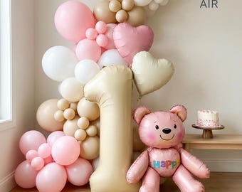 Pink Teddy Birthday Balloon Set | Beary First Number Garland Kit, Girl Cake Smash Decor