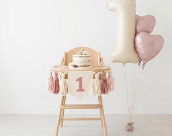Guirnalda para silla alta de primer cumpleaños / Decoración para sesión de fotos de cumpleaños con globos de corazón rosa y pastel