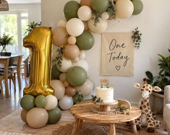 First Birthday Balloon Set | Boho Neutral Number Garland Kit, Sage Cream Cake Smash Decor