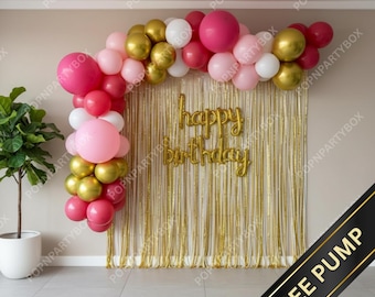 Blush Pink Gold Balloon Garland Birthday Backdrop, Metallic Fringe Curtain Set (Free Pump)