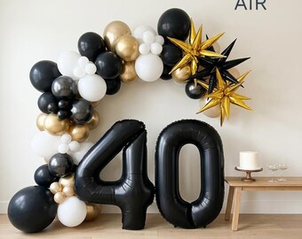 40th Birthday Balloon Set | Black Gold Number Garland Kit, 30th 50th Milestone Party Decor