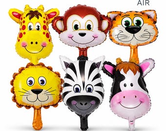 Globos de animales de safari: león, cebra, jirafa, mono, tigre, vaca. Decoraciones para fiestas.