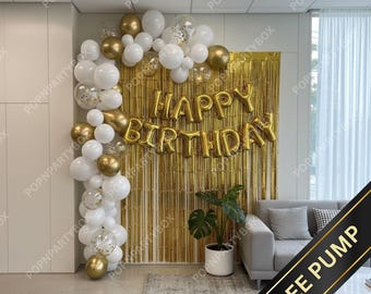 Guirlande de ballons en or blanc, toile de fond d'anniversaire, ballons joyeux anniversaire, ensemble de rideaux à franges en aluminium