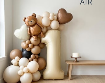 Ballonnenset met teddybeer voor een verjaardag | Cijferslingerset, boho bruin-crème decoratie voor het eerste feestje