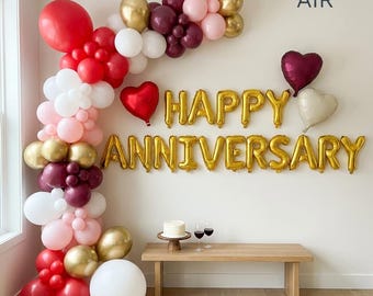 Happy Anniversary Balloon Set | Gold Letter Garland Kit, Red Pink Romantic Valentines Decor