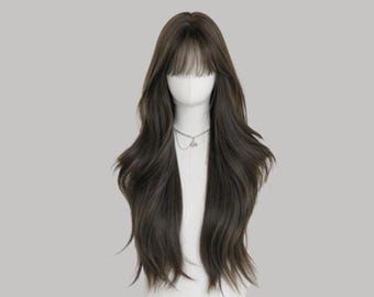 Long Wavy Brown Wig with Curtain Bangs: Synthetic Cosplay Fashion