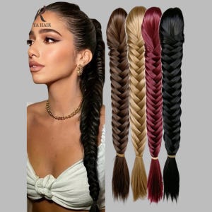 May include: A long, thick, fishtail braid hair extension shown in four distinct colors: dark brown, light blonde, deep burgundy, and jet black. The braid features a tight, intricate woven pattern with a smooth finish and a secured base at the top.