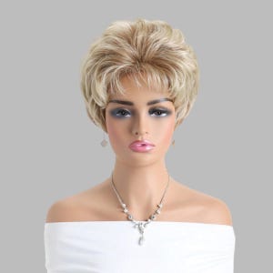 Short Blonde Mixed-Brown Synthetic Wig with Layered Pixie Cut and Side-Swept Bangs