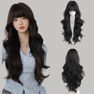 May include: A long, wavy black wig with bangs. The image shows the wig styled on a person and two additional views: one on a mannequin head and one from the back. The wig has a natural-looking hairline and a layered cut.