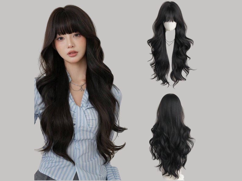 May include: A long, wavy black wig with bangs. The image shows the wig styled on a person and two additional views: one on a mannequin head and one from the back. The wig has a natural-looking hairline and a layered cut.