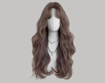 Peruca longa ondulada roxa com franja – 56 cm (22 polegadas), cabelo sintético cacheado resistente ao calor para mulheres.