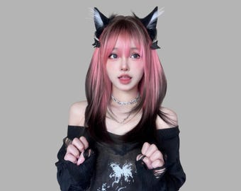 Pink Black Layered Cosplay Wig Medium Length Anime Style Hair with Cat Ear Headband