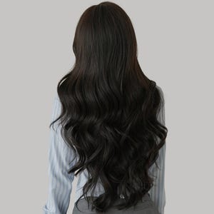 May include: Long, dark brown wavy hair cascading down the back. The hair is styled with loose waves and has a natural shine. The person is wearing a light blue striped shirt and gray pants.