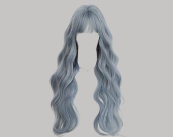 May include: A long, wavy wig in a soft, muted blue-gray color. The wig features a full head of voluminous, flowing locks with a slight curl and a fringe. The hair is styled to fall past the shoulders.