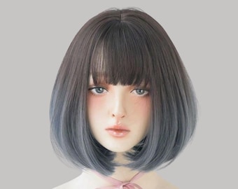 Women Blue Heat Resistant Synthetic Straight Ombre Bob Wig Bangs 10 Inch Amazon.com : WTHCOS Ombre Blue Wigs for Women Short Blue Bob  main image 4
