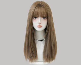 オンブレブラウンのロングストレートウィッグ（前髪付き） – 女性用