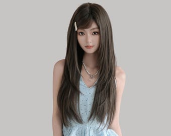 26 Inch Long Synthetic Hair, Brown Layered Straight Wig