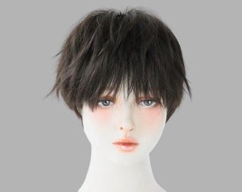Peluca Pixie Corta Marrón Oscuro con Flequillo de Fibra Sintética Suave
