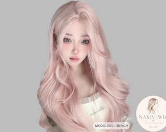 Rosa Wellig Lange Synthetik Perücke - Natürlicher Look & Trendiger Stil