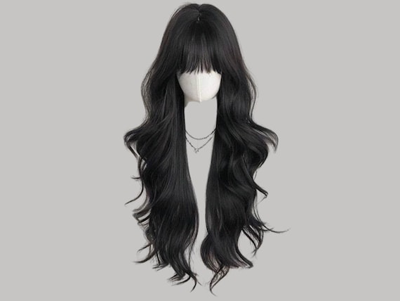 Black Brown Long Wavy Wig With Bangs 30 Inch Heat Resistant Synthetic Hair