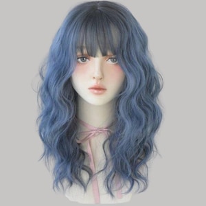 Dusty Blue Ombre Wig With Bangs, Wavy Medium-Length Synthetic Hair, Natural Look Cosplay Wig for Women, Daily Wear or Halloween Style