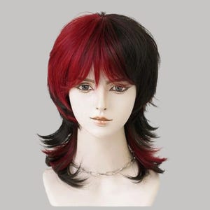 Red and Black Wolf Cut Wig: Short Fluffy Cosplay Hair With Bangs