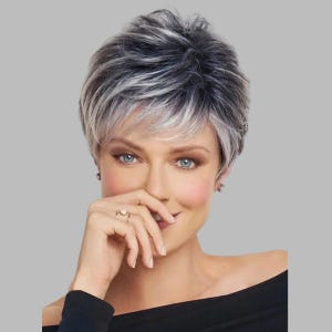 Short Pixie Wig Black Grey Ombre | Textured Wig With Side Bangs