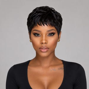 May include: A short, textured black pixie cut wig with layered strands and a tapered back. The hair is styled with a soft, natural volume and a short fringe that frames the forehead, creating a sleek and polished appearance for the wearer.