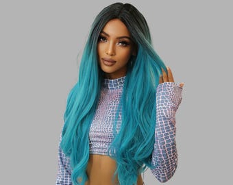 Teal Ombre Long Wavy Wig Black Roots Synthetic Hair Glam Cosplay Wig