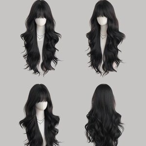 May include: Four views of a long, wavy black wig with bangs. The wig is styled on a mannequin head with a white face and a silver necklace. The hair is dark and voluminous, with soft waves and a natural-looking fringe.