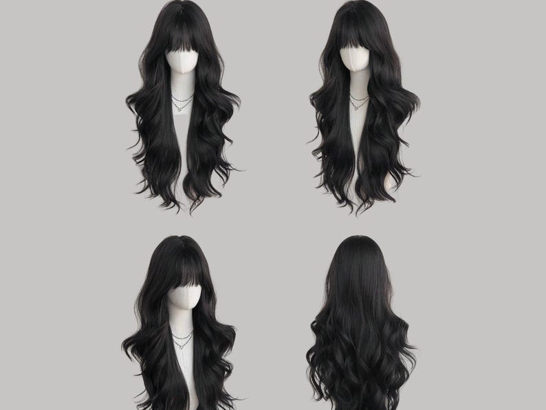 May include: Four views of a long, wavy black wig with bangs. The wig is styled on a mannequin head with a white face and a silver necklace. The hair is dark and voluminous, with soft waves and a natural-looking fringe.
