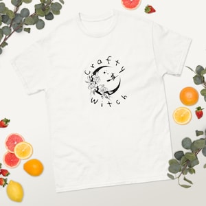 Crafty Witch T-Shirt | Moon and Floral Witchy Graphic Tee | Cottagecore Aesthetic Shirt | Wiccan Pagan Spiritual Gift