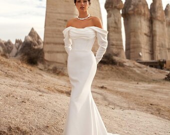 Two Piece Corset Dress – Satin Wedding Dress with Skirt – Off Shoulder Bridal Gown – Minimalist Modern Bride