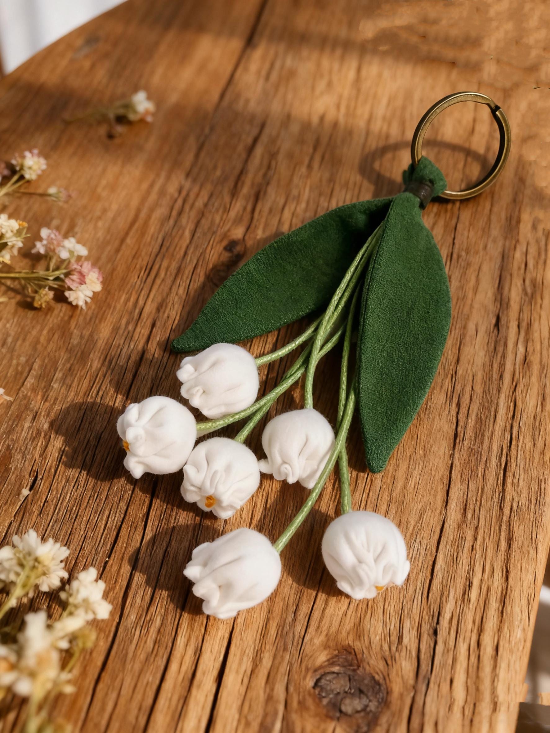 Lily of the Valley Bag Charm, Fabric Flower Keyring Keychain