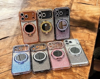 Funda brillante con efecto espejo para iPhone: Funda antigolpes con soporte plegable