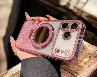 Funda con espejo y soporte ShineFrame: carcasa con purpurina a prueba de golpes para iPhone X a 16 Plus