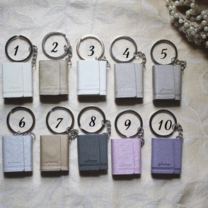 May include: Ten small, rectangular keychains with different coloured leather covers and silver key rings. The keychains are numbered 1 through 10.