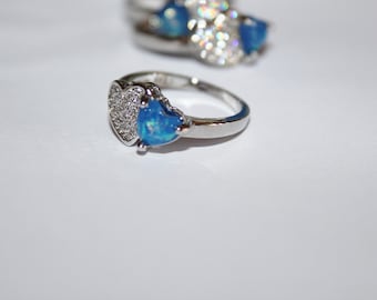 Sterling Silver Plated Blue Opal Heart Ring with Cubic Zirconia