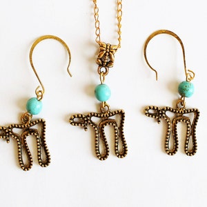 Chai necklace and earrings set, Chai charm necklace, Chai earrings set, Chai necklace set