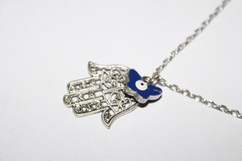 Hamsa charm necklace, Silver necklace, Judaica jewelry, hamsa charm, hamsa necklace, butterfly charm, evil eye charm necklace image 5