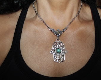 Hamsa charm necklace, Silver necklace, Judaica jewelry, hamsa charm, hamsa necklace, evil eye charm necklace