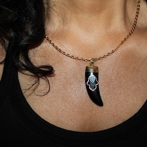 hamsa necklace,onyx horn,Hamsa charm necklace,evil eye charm,evil eye,Turquoise horn necklace, horn charm, gold Italian horn, evil eye charm