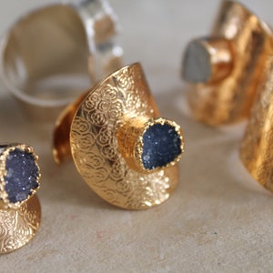 gold ring, natural stone ring, Agate ring, Geode Ring, adjustable ring, Druzy Geode ring, Druzy Ring, raw stone ring