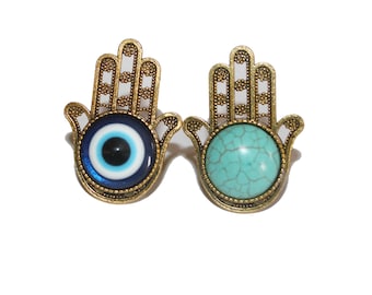 Hamsa ring,gold ring,silver hamsa ring,large Hamsa ring,evil eye ring, Hamsa charm, evil eye charm, adjustable ring, turquoise ring