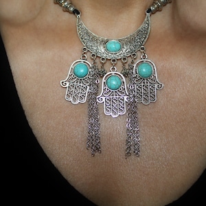 Hamsa necklace, Large silver Hamsa necklace, Silver hamsa charm, evil eye charm, evil eye necklace, turquoise hamsa, big hamsa charm