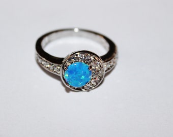 Opal ring, blue opal ring, silver ring, blue opal, cubic zirconia ring, engagement ring,wedding ring, friendship ring, size 8