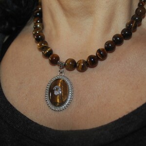 Hamsa necklace, tiger&#39;s eye necklace, tiger eye stone, brown tiger eye necklace, natural stone necklace, evil eye necklace