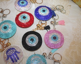 Evil Eye Keychain, hamsa keychain, Rhinestone Amulet Key Ring