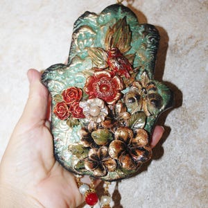 Handmade Clay Hamsa Wall Hanging: Floral Home Blessing Decor (6x5")